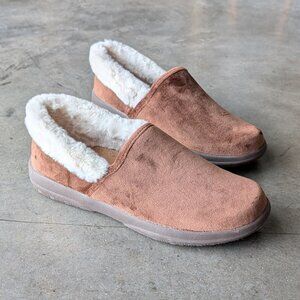 Vionic Clare Cozy Collar Slippers Brown Ivory Faux Fur size 7.5